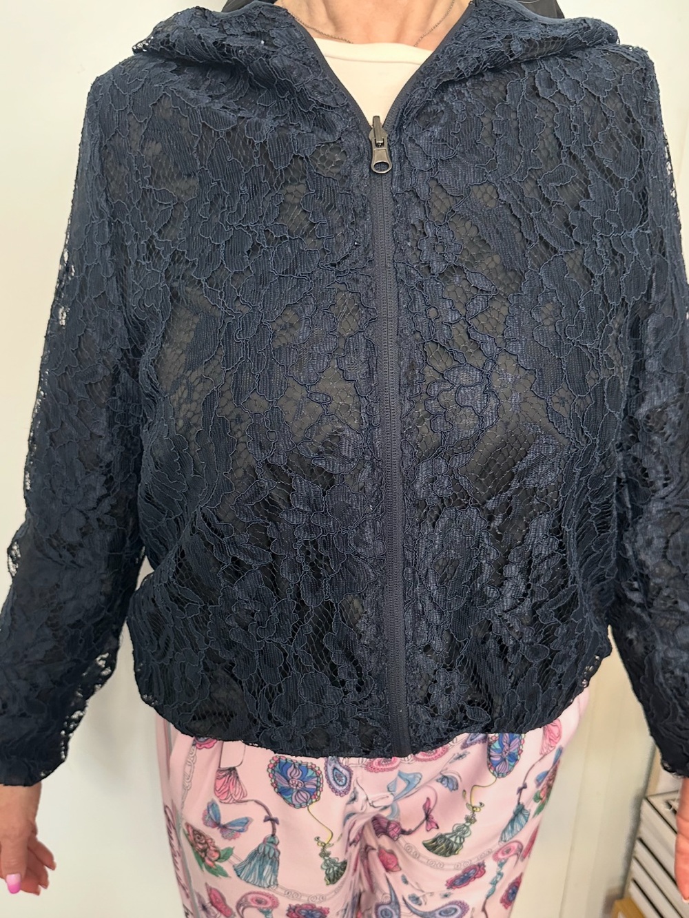 Light reversible bomber jacket  Lace is dark navy color another fabric black